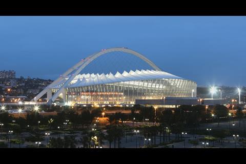 2 For the Moses Mabhida Stadium in Durban, the project group consisted of 32 South African architectural firms with GMP as consultant architect. The construction of the 70,000 seat ground cost £300.